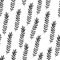 Floral seamless pattern with branches on white background. Ornament with tropic leaves, sprigs. Vector illustration for fabric, textile, wallpaper, posters, paper. Fashion print. Doodle style.