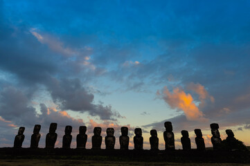 Ahu Tongariki at sunset, Rapa Nui National Park, Easter Island, Chile, Unesco World Heritage