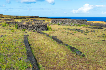 Foundations of elliptical houses, Ahu Tepeu, Rapa Nui National Park, Easter Island, Chile, Unesco...