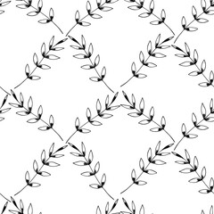 Floral seamless pattern with branches on white background. Ornament with tropic leaves, sprigs. Vector illustration for fabric, textile, wallpaper, posters, paper. Fashion print. Doodle style.