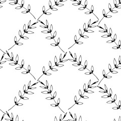 Fototapeta premium Floral seamless pattern with branches on white background. Ornament with tropic leaves, sprigs. Vector illustration for fabric, textile, wallpaper, posters, paper. Fashion print. Doodle style.