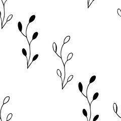 Floral seamless pattern with branches on white background. Ornament with tropic leaves, sprigs. Vector illustration for fabric, textile, wallpaper, posters, paper. Fashion print. Doodle style.