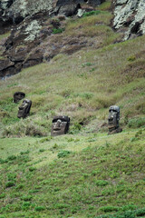Moais on the flanks of Rano Raraku volcano, Rapa Nui National Park, Easter Island, Chile, Unesco...