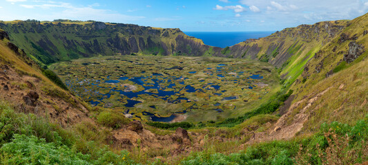 Rano Kau volcano crater and wetland, Honga Roa, Rapa Nui National Park, Easter Island, Chile,...