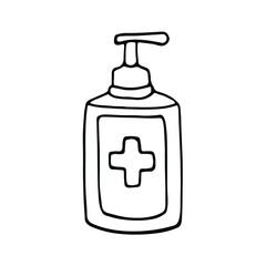 hand drawn antiseptic bottle isolated. Hand drawn bottle of antiseptic spray icon illustration vector isolated background. Alcohol, cleaner.Medical alcohol bottle, hand drawn vector illustration.