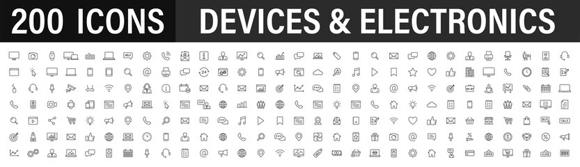 Set of 200 Technology and Electronics and Devices web icons in line style. Device, phone, laptop, communication, smartphone, ecommerce. Vector illustration. - obrazy, fototapety, plakaty