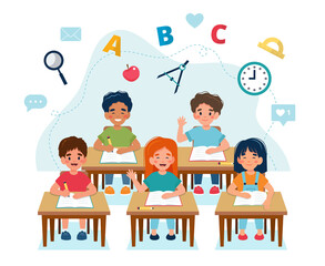 Happy children sitting in class at desks, back to school concept, cute characters. Vector illustration in flat style