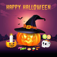 happy halloween background with scary pumpkins with spooky castle, flying bats and full moon. vector illustration for happy halloween card, flyer, banner and poster.