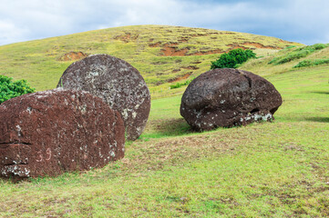 Puna Pau crater where the the Pukaos (Topknots or red hats) were carved, Rapa Nui National Park, Easter Island, Chile, Unesco World Heritage Site