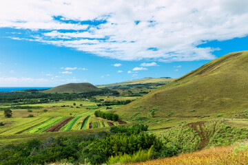 View over Easter Island taken from the Puna Pau crater, Rapa Nui National Park, Easter Island, Chile