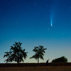 Fototapeta na wymiar Person auf Feld zeigt zu Komet Neowise und Sterne bei Nacht
