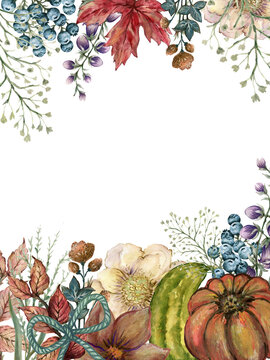 Fall Autumn invitation design wreath bouquet frame card, leaves flower foliage seasonal botanical garden forest watercolor illustration isolated on white
