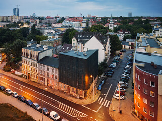 Aerial view of Niebuszewo district in Szczecin City at dusk, Poland. - obrazy, fototapety, plakaty