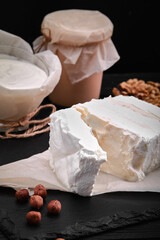 Assorted dairy products milk, yogurt, cottage cheese, sour cream. Rustic still life. Farmer's cow dairy products.