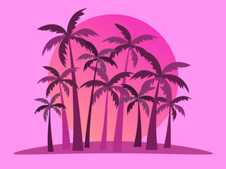 Fototapeta na wymiar Tropical landscape with palm trees on a background of sea sunset. .80s Retro style. Background for advertising, poster and banner. Vector illustration