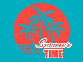 Fototapeta na wymiar Summer time. 80s retro palm trees on a sunset. Tropical landscape. Tiffany blue and coral red colors. Vector illustration