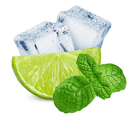 Lime, ice cub and mint leaves isolated on white background, clipping path, full depth of field