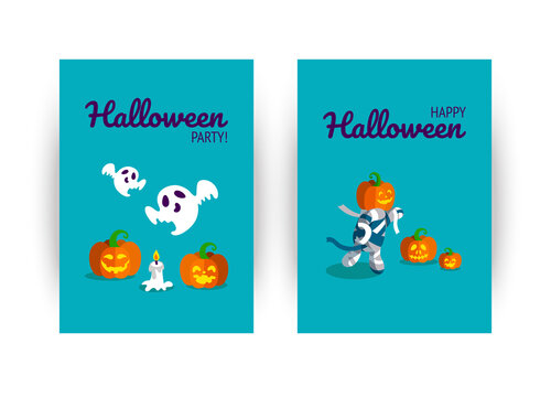 Greeting card for Halloween party. Halloween characters with pumpkins and candle. Vector illustration in flat style