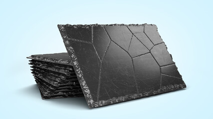 large black stone plate for serving food in a restaurant 3d render on blue gradient
