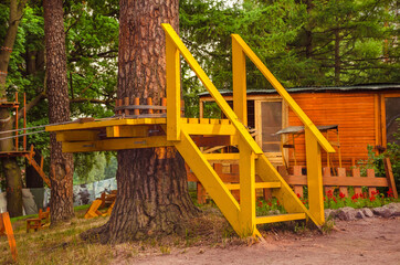 Fototapeta na wymiar The yellow not high wooden ladder with two handrails is fixed to a pine trunk and deduces on the first low platform in pine rope Park