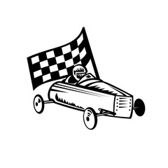 Vintage Soap Box Derby or Soapbox Car Racer Racing Flag Retro Black and White - obrazy, fototapety, plakaty