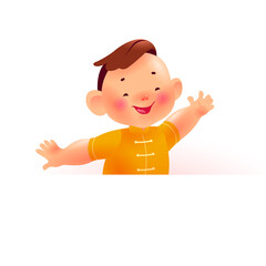 Chinese new year banner with happy boy mascot character in oriental traditional hanfu suit & white paper sheet on white background. Text place, sale placard template. Vector realistic illustration.