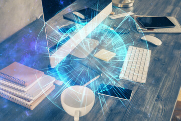 Multi exposure of business theme icons and table with computer background. Concept of success.