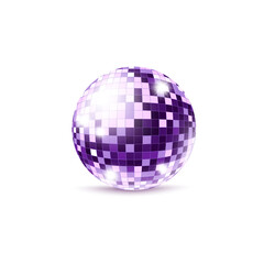 Purple disco ball with shiny mirror surface isolated on white background