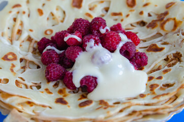 pancake with condensed milk and strawberries