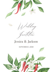 Watercolor vector hand painted red hot chili pepper wedding suite. - obrazy, fototapety, plakaty