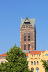 Fototapeta na wymiar View from market square to the tower from the st. mary's church of hanseatic town Wismar, Germany