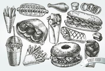 Ink hand drawn set of street food - hot dog, sandwich, French fries, nuggets, bagel, milkshake, ice cream.  Fast Food elements collection for menu or signboard design. Vector illustration.