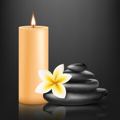 Obraz na płótnie Canvas SPA massage black stones stack with aroma candle, realistic vector illustration.