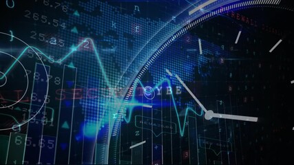 Heart rate monitor and Digital clock icon against stock market data processing - Powered by Adobe