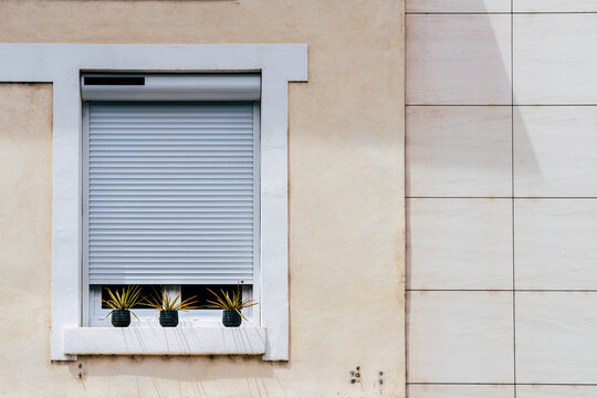 Fenêtre d'un immeuble avec volet roulant et trois pots décoratifs avec plantes vertes - Architecture style minimaliste