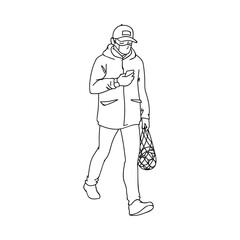 Adult man in medical mask buys fruits while quarantine. Monochrome vector illustration in simple linear style isolated on white background. Man returns from the supermarket with a package of fruits.