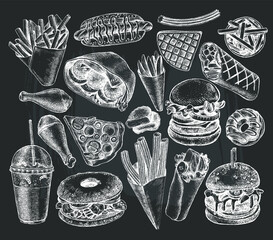 Ink hand drawn set of various burgers, hot dog, burrito, French fries, nuggets, donut, falafel, pizza, churros, bagel. Food elements collection for menu or signboard design. Vector illustration. - 366021531