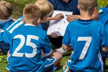 Group of Young Boys in Blue Shirts Sitting on Sports Grass Field witch School Coach. Kids Listening Coach's Tactic Talk. Young Coach Explain Football Tactic. Coaching Youth Players  in Sports