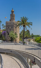 Fototapeta na wymiar Golden tower at the riverbank in Sevilla, Spain