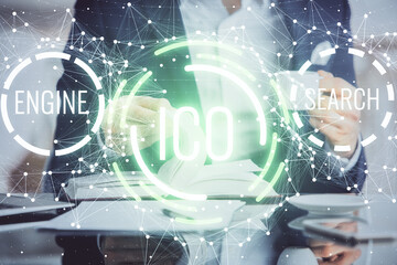 Man's hands working with notes background. Cryptocurrency and finance concept.