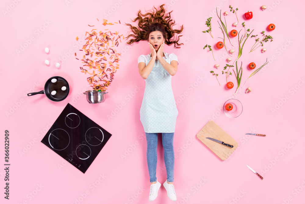 Canvas Prints Top above high angle view full body photo of astonished girl prepare fresh tasty delicious menu impressed touch hands face flat lay isolated over pastel color background