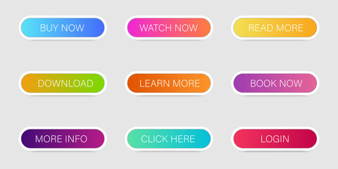 Obraz premium Set of different gradient buttons for internet page. Colorful buttons with offers. Set of objects for advertisement. Vector illustration