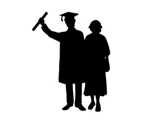 Silhouettes of male graduate hugs grandmother