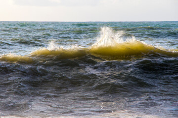 Stormy weather, waves and splashes in Batumi, Georgia. Stormy Black sea.