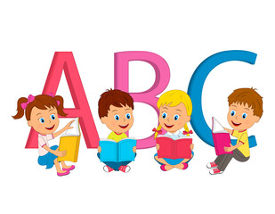 kids, boys and girls reading books and letter,illustration,vector
