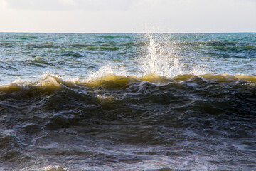 Stormy weather, waves and splashes in Batumi, Georgia. Stormy Black sea.