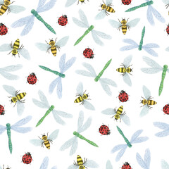 Watercolor seamless pattern with hand drawn dragonflies, bees and ladybugs isolated on white background. Illustration for print, home decor, fabric or background