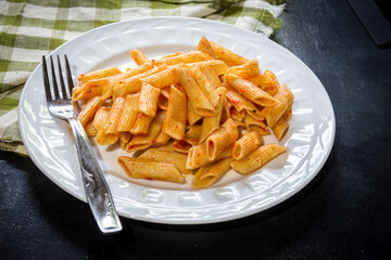 macaroni, pasta, plate, food, potato, meal, french, fried, dish, fries, dinner, lunch, french fries, snack, chips, potatoes, cooked, isolated, white, penne, cuisine, fry, fast, sauce, tomato, tasty, h