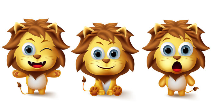 Lion animals vector character set. Little lions animal kids characters in different facial expression like cute, happy and surprise for wildlife avatar design elements collection. Vector illustration