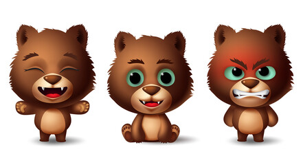 Bear brown animals character vector set. Grizzly bears animal kids characters in sitting and standing pose and gestures with different facial expressions like angry, cute and happy.